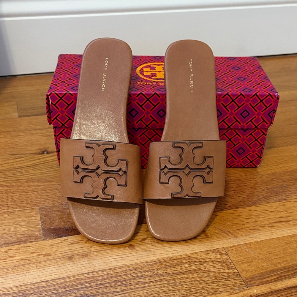 Tory Burch Brown Logo Slide Sandals